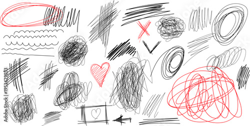 Set of messy pen scratch, hand drawn scribbles, messy pencil doodles, swirls, underlines. Black and red pen freehand chaotic squiggles, pack of design element, sign for design. Editable stroke vector