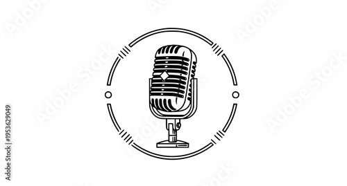 A vintage style studio microphone illustration enclosed within a decorative circular line frame Vector