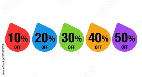 Discount percentage signs in colorful shapes.