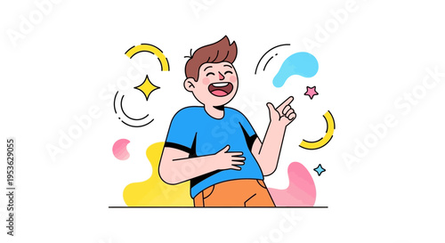 A cheerful cartoon boy laughing and gesturing with colorful decorative elements swirling around him on a white background