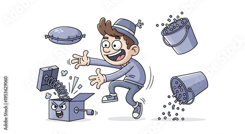 A cheerful cartoon boy playing with a prank toy box on April Fools' Day with a joyful and playful mood
