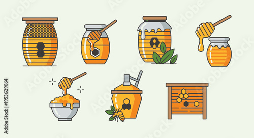 Honey jars and beehive icons set.