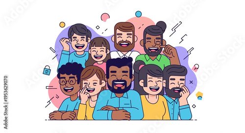 A colorful illustration of a diverse group of happy people celebrating April Fools' Day with playful pranks and joyful expressions