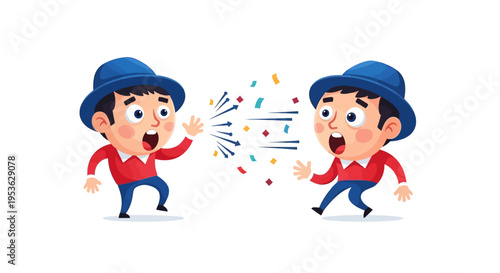 Vector illustration of two cartoon characters celebrating April Fools' Day with colorful confetti and a joyful expression