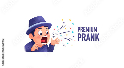 A cartoon boy in a purple hat playfully celebrating April Fools' Day with colorful confetti and a joyful expression