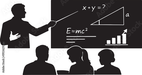 Silhouette of a teacher presenting mathematical formulas and a graph to a group of attentive students