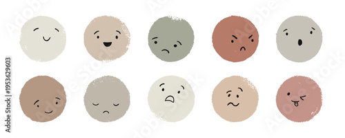 neutral emotion icon set with expressive face symbol, soft color round mood character vector collection for kids, app, classroom, social media, sticker and digital communication design
