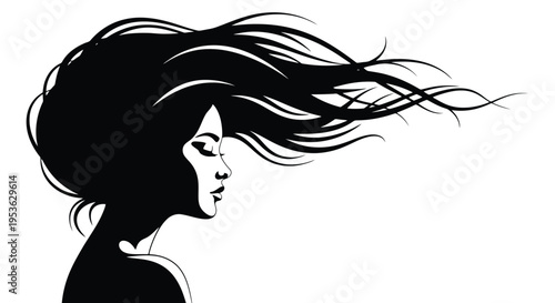 Silhouette of a woman with flowing hair in the wind.