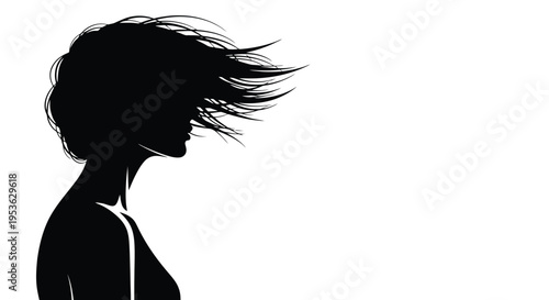 Silhouette of a woman with windblown hair.