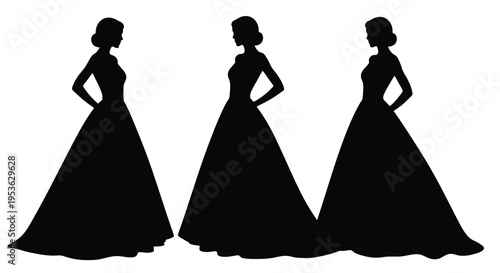 Elegant Silhouettes of Three Women in Ballgowns.