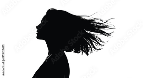 Silhouette of a woman with windblown hair against a white background.