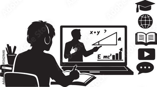 A silhouette of a student studying online with a teacher on a laptop screen and educational icons