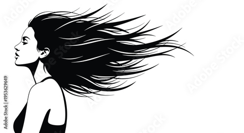 Stylized Black and White Portrait of a Woman with Flowing Hair.