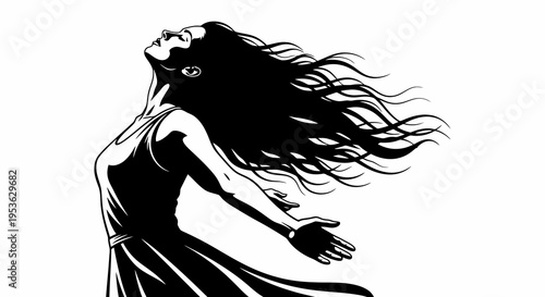 Silhouette of a Woman with Flowing Hair Embracing Freedom.