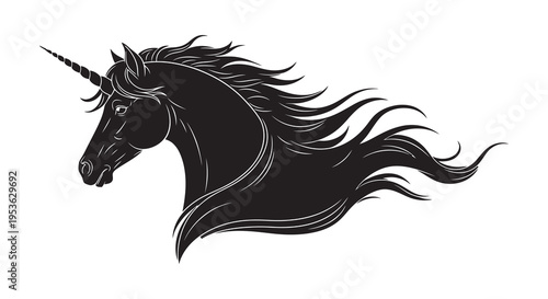 Majestic Black Unicorn Head Silhouette with Flowing Mane.