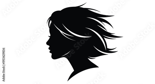 Silhouette of a womans head with flowing hair.
