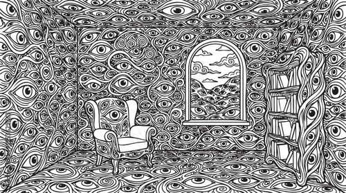 A surreal room where every surface is covered with countless watchful eyes, creating a sense of constant observation and uncanny vigilance