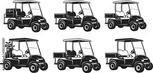 Golf cart silhouettes set, electric utility vehicle collection, resort transport buggy illustration, outdoor leisure transport concept, vector design elements