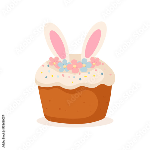 Easter cake with bunny ears and spring flowers. Sweet paschal bread with icing and sprinkles illustration isolated on white.