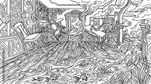 Intricate Surreal Scene of a Room Transformed by Flowing Organic Patterns and Whimsical Details for Artistic Coloring