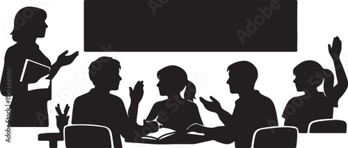 A black silhouette illustration depicting a teacher leading a classroom discussion with students