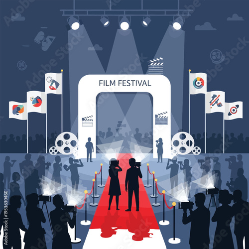 A film festival red carpet with people and cameras