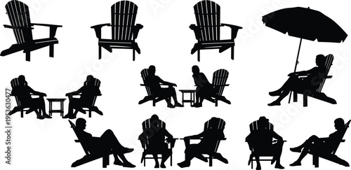Adirondack chair silhouettes with people relaxing, outdoor leisure furniture set, beach umbrella seating scenes, vacation lifestyle vector illustration collection