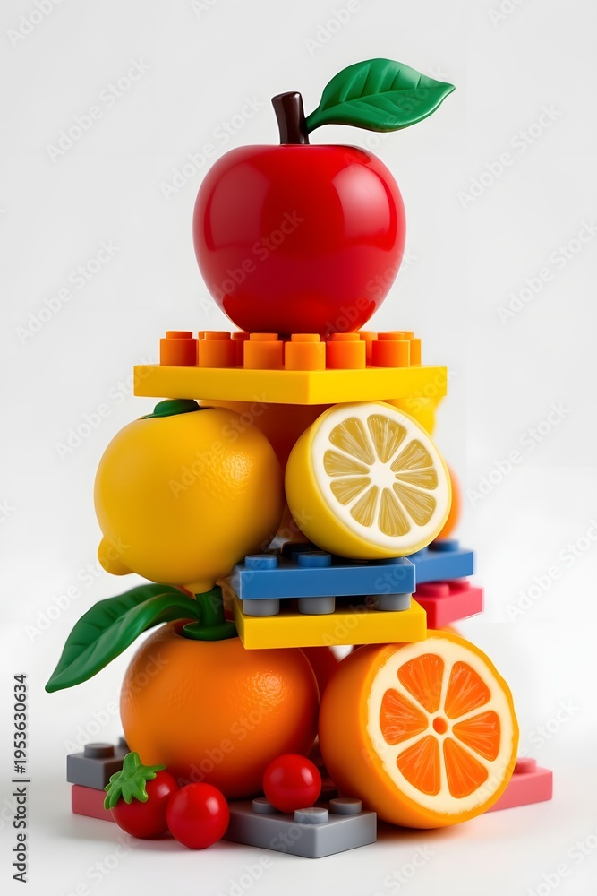 Fototapeta premium a stack of assorted fruits including apple, lemon, and orange, playful arrangement, clean white background