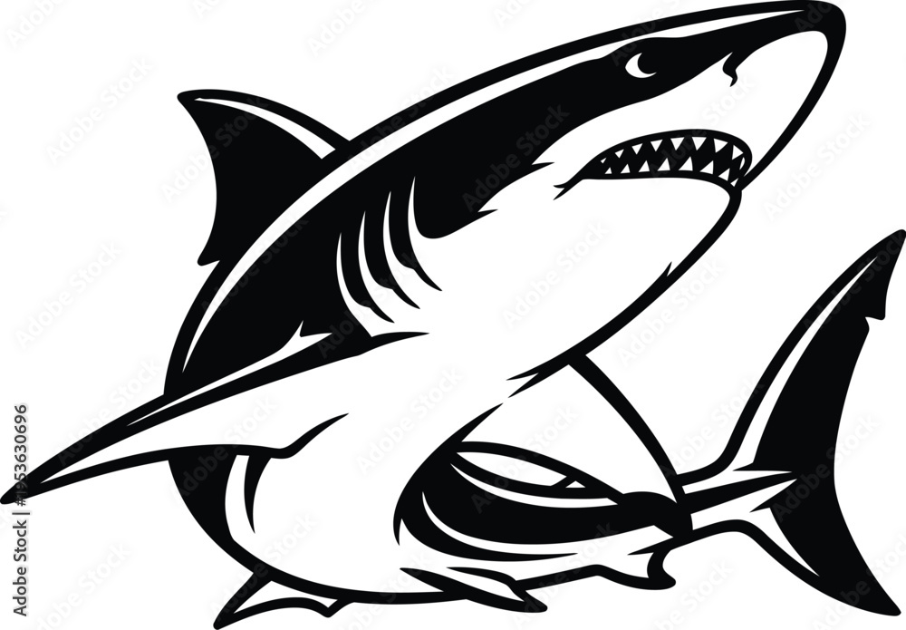 Fototapeta premium Black and white shark graphic with sharp teeth and fins