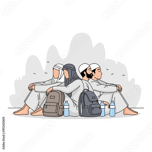 Muslim Pilgrims Resting Together With Backpacks and Water Bottles