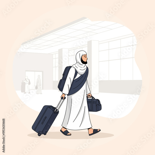 Muslim pilgrim walking with luggage in an airport terminal for Hajj or Umrah