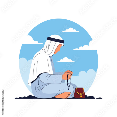 Muslim man in prayer holding rosary beads, sitting peacefully outdoors with sky and clouds.