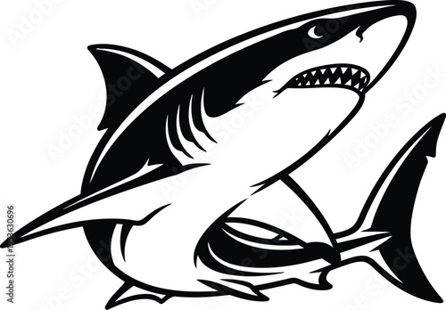 Black and white shark graphic with sharp teeth and fins