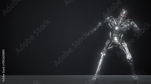 Dancing alien robot on a metal background. Seamless loop 3d render