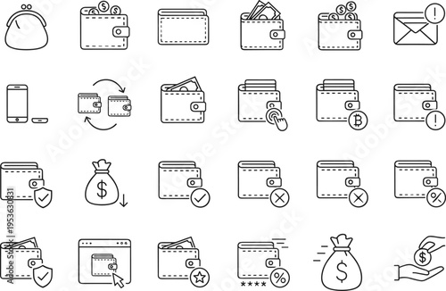 Collection of digital wallet and finance icons including coins, cash, and cards