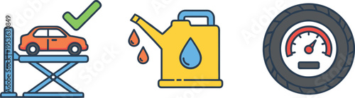 Flat vector illustration of a car maintenance set featuring a vehicle on a hydraulic lift oil can and tire pressure gauge.