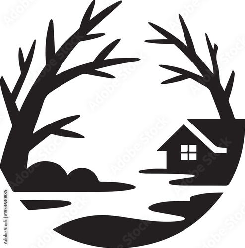 Black and white of house with palm tree and waves house silhouette ocean waves minimalist des