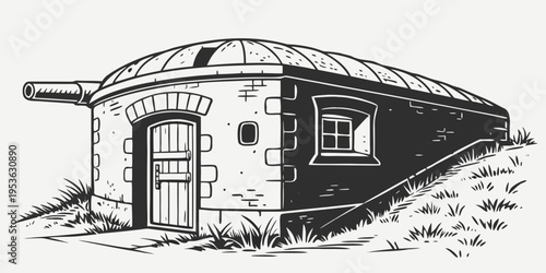 A small stone building with a cannon on the side