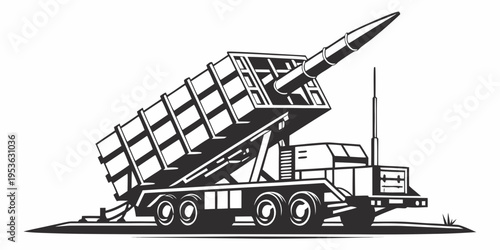 A large truck with a rocket on top of it