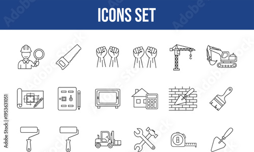 Construction and building icon set for tools, equipment and safety gear