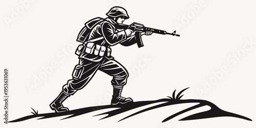 A soldier in combat gear aiming a rifle