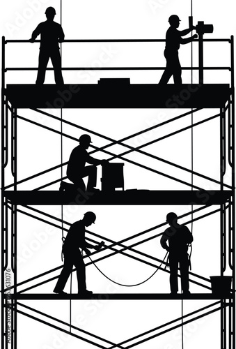 Construction workers on scaffolding silhouette, industrial labor team working at height, building maintenance concept, safety equipment illustration, 
