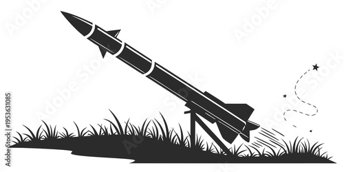 A black silhouette of a rocket launching into the air