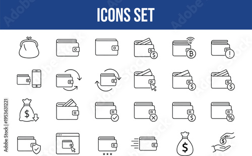 Financial wallet icons set with money purse credit cards and online payment symbols