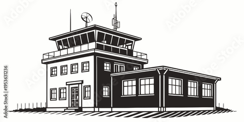 A black and white drawing of an airport control tower