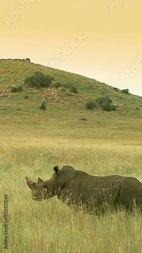 4K Vertical Rhinoceros Rhino Walking Through Tall Savanna Grass, Side Profile