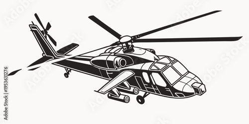 A black and white helicopter with a large rotor