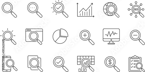 Search and analysis icons, showing magnifying glass, graph, chart, and SEO tools for data exploration