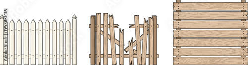 Collection of old broken and rustic wooden fences and planks