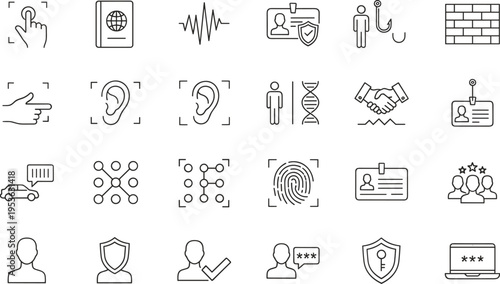 Security and identification icons, covering personal data protection, biometrics, and access control